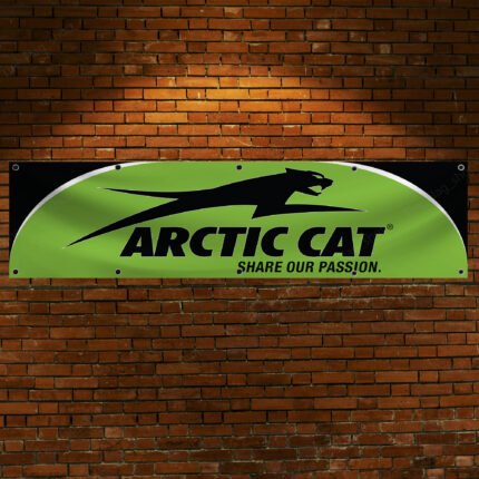 "Elevate your space with this Arctic Cat 2x8 ft banner, featuring bold green and black graphics. Perfect for snowmobile enthusiasts, dealers, and fans, this durable sign is ideal for man caves, garages, or indoor décor. A must-have wall flag for showcasing your Arctic Cat pride!"