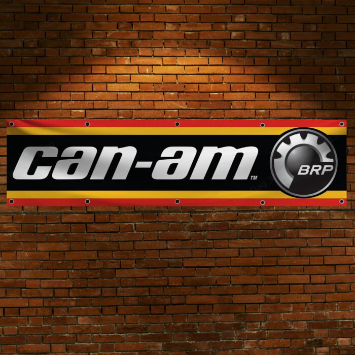 "Show your love for Can-Am BRP and Bombardier with this premium 2x8 ft banner flag. Featuring bold graphics and iconic branding, this banner is perfect for motorcycle enthusiasts, off-road adventurers, and racing fans. Ideal for man caves, garages, workshops, or car shows, it’s a standout décor piece for showcasing your passion for Can-Am’s high-performance vehicles, including the Defender and other models. Made from durable materials, this flag is suitable for both indoor and outdoor use, making it a versatile addition to your space. Elevate your wall décor with this Can-Am BRP banner, the ultimate sign for fans of cutting-edge engineering and adventure."