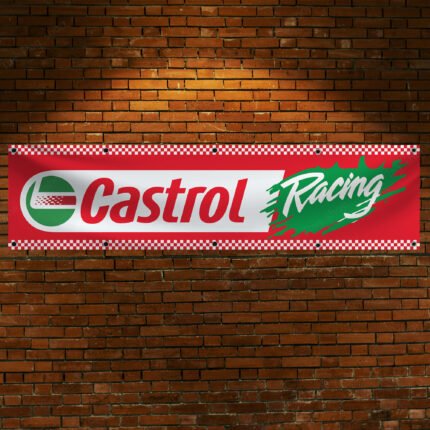 "Display your passion for motorsport with this 2x8 ft Castrol Racing banner flag. Featuring bold Castrol branding and vibrant racing-inspired graphics, this banner is perfect for car enthusiasts, racing fans, and collectors. Ideal for man caves, garages, workshops, or automotive shows, it’s a standout addition to any wall décor. Made from durable, high-quality materials, this large banner is designed for both indoor and outdoor use, making it suitable for gardens, events, or personal spaces. Whether you’re showcasing your love for racing heritage or upgrading your décor, this Castrol Racing flag is the ultimate sign for fans of performance and automotive excellence."