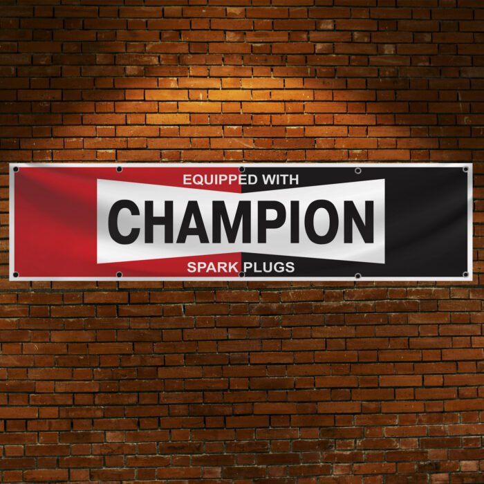 "Showcase your appreciation for automotive heritage with this 2x8 ft Champion Spark Plugs flag banner. Featuring bold, vintage-inspired Champion branding, this banner is perfect for car enthusiasts, mechanics, and collectors. Ideal for garages, workshops, man caves, or auto shops, it adds a nostalgic and stylish touch to your wall décor. Made from durable, high-quality materials, this large sign is designed for both indoor and outdoor use, ensuring vibrant colors and long-lasting performance. Whether you’re decorating a personal space or enhancing a professional setting, this Champion Spark Plugs banner is a must-have for showcasing your passion for automotive performance and racing history."