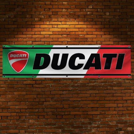 "Celebrate your passion for Ducati with this premium banner featuring the iconic Italian flag. Perfect for motorcycle enthusiasts and fans of Italian engineering, this banner is ideal for garages, man caves, workshops, or motorcycle shows. Highlighting Ducati’s legendary performance and heritage, this high-quality banner adds a stylish and dynamic touch to any space. Crafted from durable materials, it ensures vibrant colors and long-lasting appeal, suitable for both indoor and outdoor use. Showcase your love for Ducati and the spirit of Italian craftsmanship with this eye-catching banner, a must-have décor piece for any true fan."