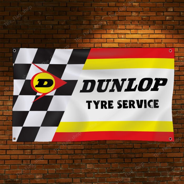 "Decorate your space with this 3x5 ft Dunlop Tyre Service banner flag, perfect for racing motorcycle enthusiasts and fans of high-performance tires. Featuring bold Dunlop branding and graphics, this durable banner is ideal for garages, man caves, workshops, or motorcycle shows. Made from high-quality materials, it’s designed for both indoor and outdoor use, ensuring vibrant colors and long-lasting appeal. Whether you’re showcasing your passion for motorcycle racing or highlighting the quality of Dunlop tyres, this banner is a must-have décor piece for any true fan of performance and durability."