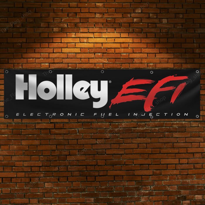 "Showcase your passion for high-performance racing with this 2x8 ft Holley EFI (Electronic Fuel Injection) Banner. Featuring bold Holley EFI branding, this flag is perfect for dirt racing enthusiasts, car racers, and fans of cutting-edge automotive technology. Crafted from durable materials, it ensures vibrant colors and long-lasting performance, making it suitable for both indoor and outdoor use. Ideal for your man cave, garage, or racing workshop, this banner celebrates the power and precision of Holley's fuel injection systems in the world of motorsports. Add a dynamic touch to your space with this stylish décor piece that highlights your love for racing and performance engineering."