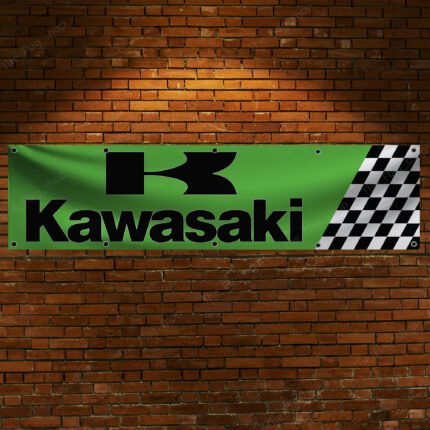 Kawasaki Racing Banner 2x8ft Motorcycle Checkered Flag Show Man Cave Garage Wall Decor Bike Large Sign Outdoor Indoor Display