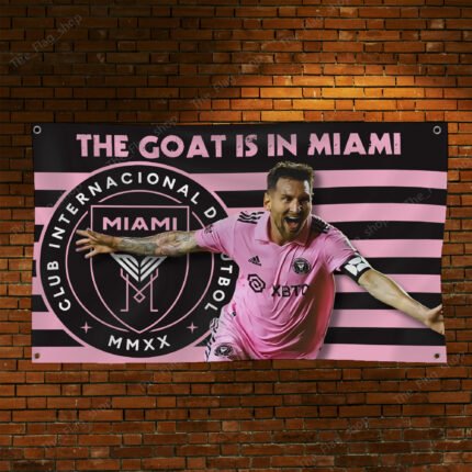 "Celebrate Lionel Messi, the GOAT, with this Inter Miami CF 3x5 ft flag featuring The Herons’ logo and a bold 'The GOAT is in Miami' design. Perfect for MLS fans, stadium displays, tailgating, or home décor, this banner is a must-have for passionate Messi and soccer supporters."