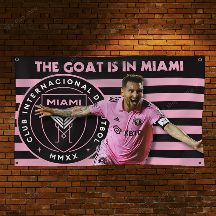 "Celebrate Lionel Messi, the GOAT, with this Inter Miami CF 3x5 ft flag featuring The Herons’ logo and a bold 'The GOAT is in Miami' design. Perfect for MLS fans, stadium displays, tailgating, or home décor, this banner is a must-have for passionate Messi and soccer supporters."