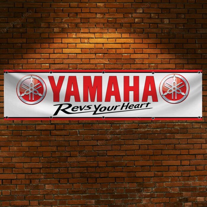 Yamaha Banner 2x8ft – Revs Your Heart Flag Motorcycle Show, Man Cave, Garage Wall Decor Large Sign