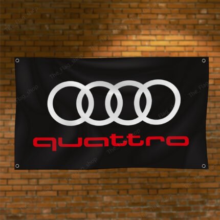 "Show your appreciation for Audi quattro with this 3x5 ft flag. Ideal for car racing shows, garages, man caves, and wall décor, this durable banner features the iconic Audi quattro branding. Perfect for indoor and outdoor use, it’s a must-have sign for motorsport enthusiasts looking to display their passion for legendary performance and all-wheel drive excellence."