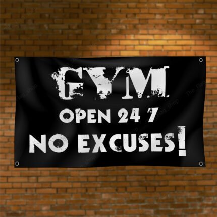 Gym open 24/7 Banner Flag 3x5ft Man Cave Motivational Slogan Office wall decor