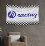 Volkswagen Racing Flag 3x5ft – VW White Checkered Banner Jetta Passat Golf GTI Racing, Garage Workshop Wall Decor Sign