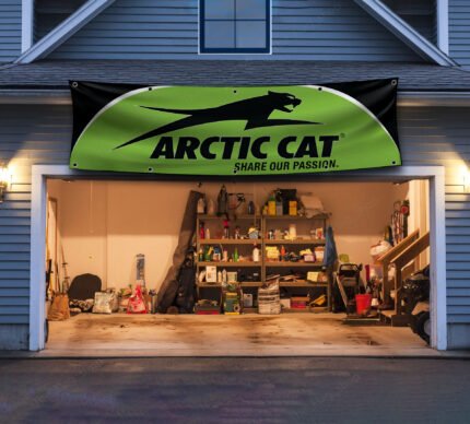 "Elevate your space with this Arctic Cat 2x8 ft banner, featuring bold green and black graphics. Perfect for snowmobile enthusiasts, dealers, and fans, this durable sign is ideal for man caves, garages, or indoor décor. A must-have wall flag for showcasing your Arctic Cat pride!"