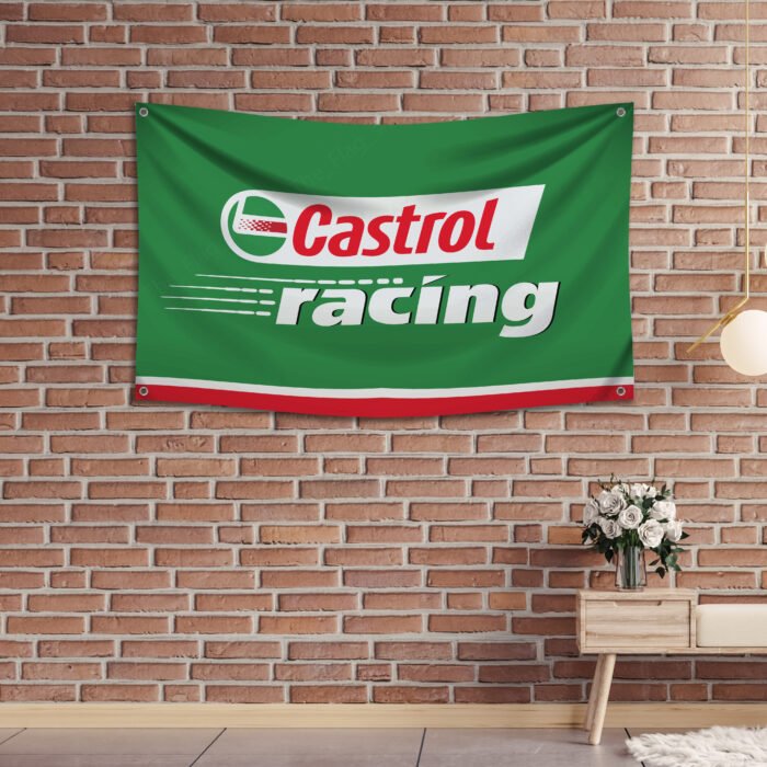 "Display your passion for motorsport with this 2x8 ft Castrol Racing banner flag. Featuring bold Castrol branding and vibrant racing-inspired graphics, this banner is perfect for car enthusiasts, racing fans, and collectors. Ideal for man caves, garages, workshops, or automotive shows, it’s a standout addition to any wall décor. Made from durable, high-quality materials, this large banner is designed for both indoor and outdoor use, making it suitable for gardens, events, or personal spaces. Whether you’re showcasing your love for racing heritage or upgrading your décor, this Castrol Racing flag is the ultimate sign for fans of performance and automotive excellence."