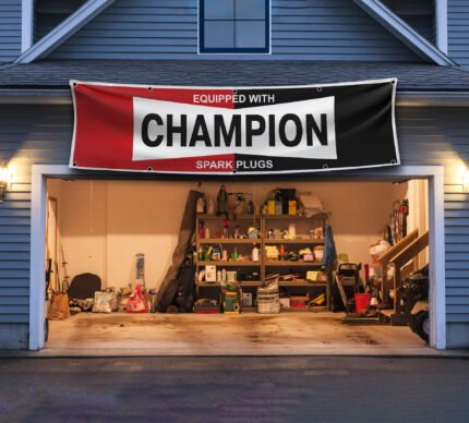 "Showcase your appreciation for automotive heritage with this 2x8 ft Champion Spark Plugs flag banner. Featuring bold, vintage-inspired Champion branding, this banner is perfect for car enthusiasts, mechanics, and collectors. Ideal for garages, workshops, man caves, or auto shops, it adds a nostalgic and stylish touch to your wall décor. Made from durable, high-quality materials, this large sign is designed for both indoor and outdoor use, ensuring vibrant colors and long-lasting performance. Whether you’re decorating a personal space or enhancing a professional setting, this Champion Spark Plugs banner is a must-have for showcasing your passion for automotive performance and racing history."