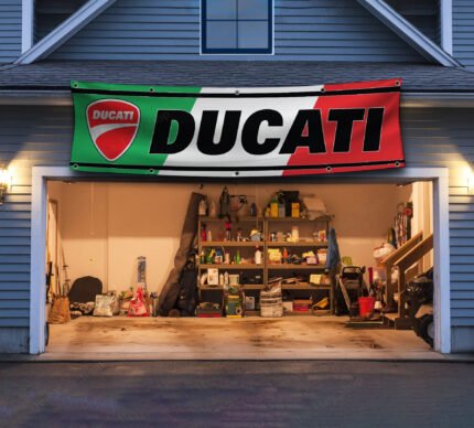 "Celebrate your passion for Ducati with this premium banner featuring the iconic Italian flag. Perfect for motorcycle enthusiasts and fans of Italian engineering, this banner is ideal for garages, man caves, workshops, or motorcycle shows. Highlighting Ducati’s legendary performance and heritage, this high-quality banner adds a stylish and dynamic touch to any space. Crafted from durable materials, it ensures vibrant colors and long-lasting appeal, suitable for both indoor and outdoor use. Showcase your love for Ducati and the spirit of Italian craftsmanship with this eye-catching banner, a must-have décor piece for any true fan."