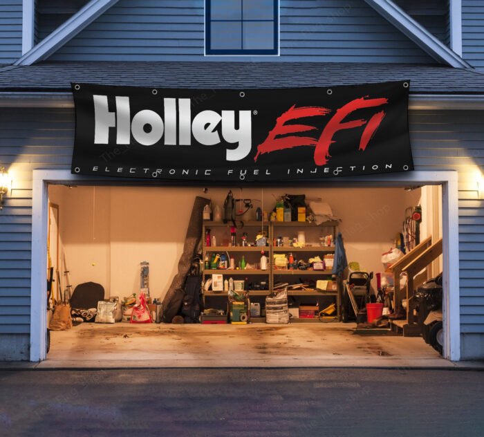 "Showcase your passion for high-performance racing with this 2x8 ft Holley EFI (Electronic Fuel Injection) Banner. Featuring bold Holley EFI branding, this flag is perfect for dirt racing enthusiasts, car racers, and fans of cutting-edge automotive technology. Crafted from durable materials, it ensures vibrant colors and long-lasting performance, making it suitable for both indoor and outdoor use. Ideal for your man cave, garage, or racing workshop, this banner celebrates the power and precision of Holley's fuel injection systems in the world of motorsports. Add a dynamic touch to your space with this stylish décor piece that highlights your love for racing and performance engineering."