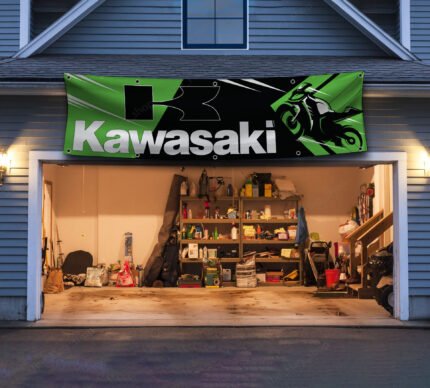 Kawasaki Racing Banner 2x8ft Motorcycle Flag Show Man Cave Garage Wall Decor Bike Large Sign Outdoor Indoor Display