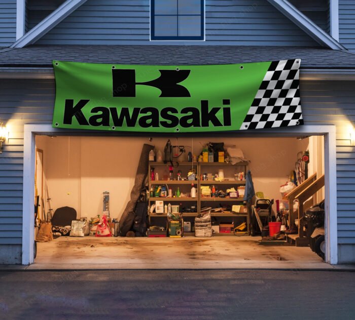 Kawasaki Racing Banner 2x8ft Motorcycle Checkered Flag Show Man Cave Garage Wall Decor Bike Large Sign Outdoor Indoor Display