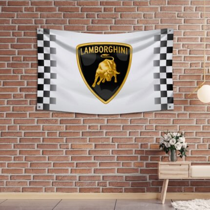 Lamborghini Flag 3x5 FT Checkered Lambo white Banner Racing Flags Car Show Garage Man Cave Wall Decor Sign Lamborghini Car Logo