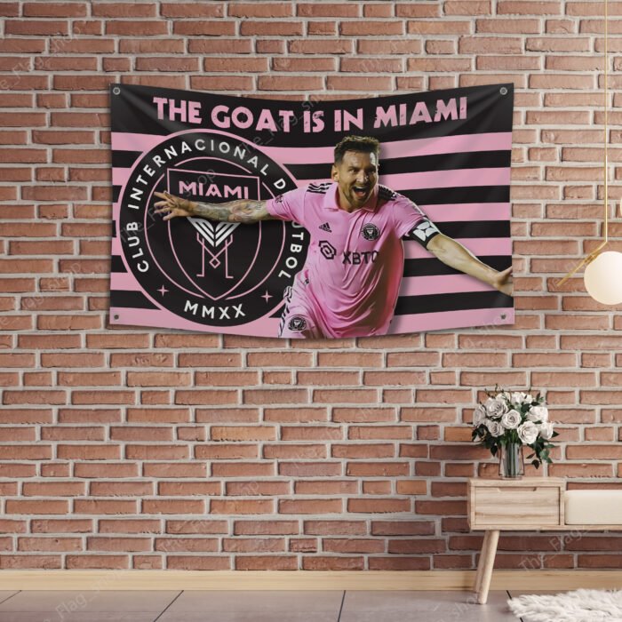 "Celebrate Lionel Messi, the GOAT, with this Inter Miami CF 3x5 ft flag featuring The Herons’ logo and a bold 'The GOAT is in Miami' design. Perfect for MLS fans, stadium displays, tailgating, or home décor, this banner is a must-have for passionate Messi and soccer supporters."