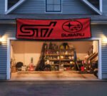 Subaru STI Banner 2x8 ft – Car Show, Street Racing Red Flag, Man Cave Wall Decor Sign