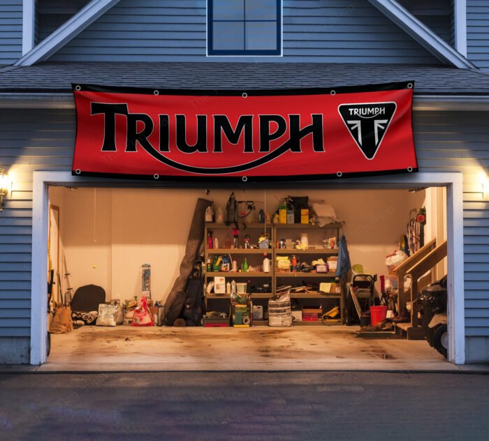 Triumph Motorcycles Banner 2x8ft – Moto Racing Red Flag, Man Cave Wall Decor Large Sign