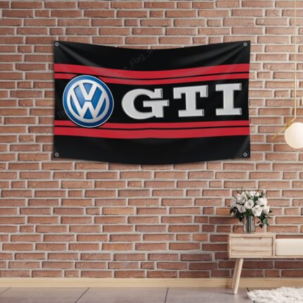 Volkswagen GTI Flag 3x5ft – VW Black Banner Jetta Passat Golf Racing, Garage Workshop Wall Decor Sign