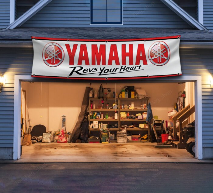 Yamaha Banner 2x8ft – Revs Your Heart Flag Motorcycle Show, Man Cave, Garage Wall Decor Large Sign