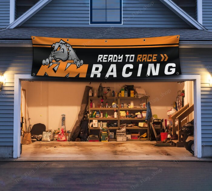 KTM Racing Banner Ready to Race Flag 2x8Ft Car Show Garage Motorcycle Man Cave Wall Decor Sign