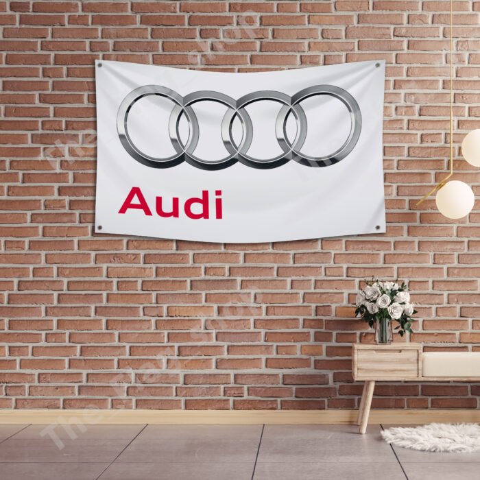 "Show your Audi pride with this 3x5 ft flag featuring the iconic Audi emblem. Perfect for car racing fans, this bold banner is ideal for garages, man caves, automotive shows, or wall décor. Made from durable, high-quality materials, it’s great for both indoor and outdoor use. Upgrade your space with this must-have Audi wall sign, designed for enthusiasts who value performance and style."