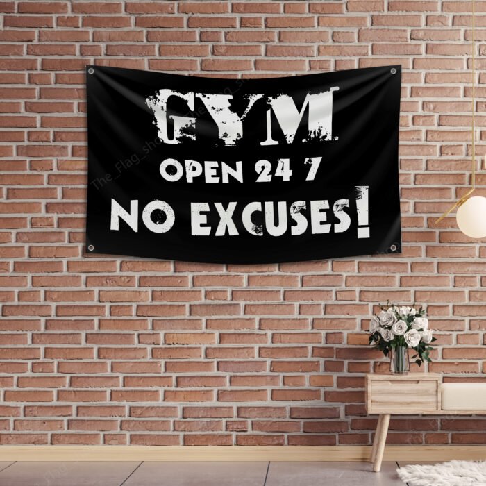 Gym open 24/7 Banner Flag 3x5ft Man Cave Motivational Slogan Office wall decor