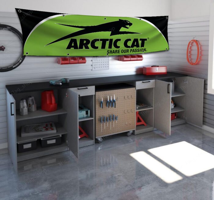 "Elevate your space with this Arctic Cat 2x8 ft banner, featuring bold green and black graphics. Perfect for snowmobile enthusiasts, dealers, and fans, this durable sign is ideal for man caves, garages, or indoor décor. A must-have wall flag for showcasing your Arctic Cat pride!"