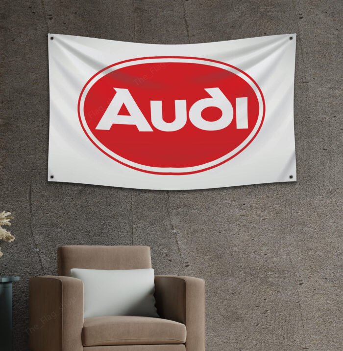 "Celebrate the legacy of Audi with this 3x5 ft flag featuring the iconic Audi logo from 1978-1995. Perfect for man caves, garages, and wall décor, this vintage art piece captures the essence of classic Audi design. Ideal for car enthusiasts and collectors, it’s a must-have sign for displaying your passion for old-school Audi cars and the brand’s heritage."