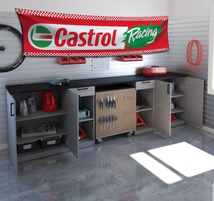 "Display your passion for motorsport with this 2x8 ft Castrol Racing banner flag. Featuring bold Castrol branding and vibrant racing-inspired graphics, this banner is perfect for car enthusiasts, racing fans, and collectors. Ideal for man caves, garages, workshops, or automotive shows, it’s a standout addition to any wall décor. Made from durable, high-quality materials, this large banner is designed for both indoor and outdoor use, making it suitable for gardens, events, or personal spaces. Whether you’re showcasing your love for racing heritage or upgrading your décor, this Castrol Racing flag is the ultimate sign for fans of performance and automotive excellence."