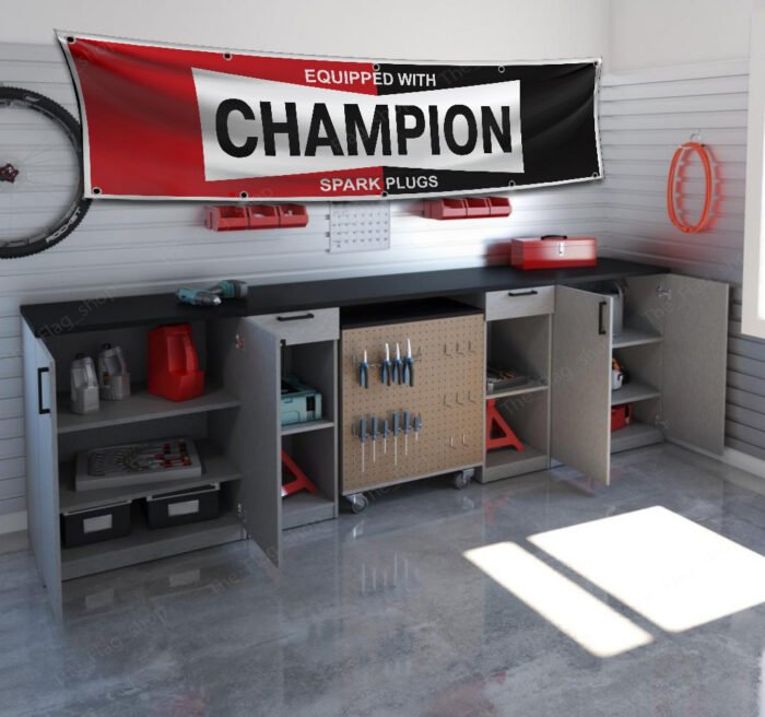 "Showcase your appreciation for automotive heritage with this 2x8 ft Champion Spark Plugs flag banner. Featuring bold, vintage-inspired Champion branding, this banner is perfect for car enthusiasts, mechanics, and collectors. Ideal for garages, workshops, man caves, or auto shops, it adds a nostalgic and stylish touch to your wall décor. Made from durable, high-quality materials, this large sign is designed for both indoor and outdoor use, ensuring vibrant colors and long-lasting performance. Whether you’re decorating a personal space or enhancing a professional setting, this Champion Spark Plugs banner is a must-have for showcasing your passion for automotive performance and racing history."