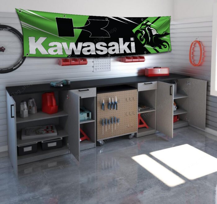 Kawasaki Racing Banner 2x8ft Motorcycle Flag Show Man Cave Garage Wall Decor Bike Large Sign Outdoor Indoor Display