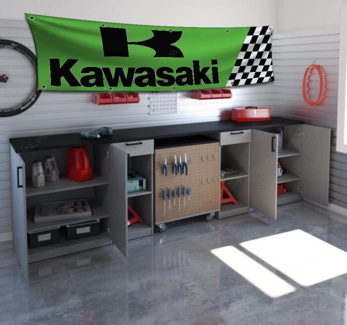 Kawasaki Racing Banner 2x8ft Motorcycle Checkered Flag Show Man Cave Garage Wall Decor Bike Large Sign Outdoor Indoor Display