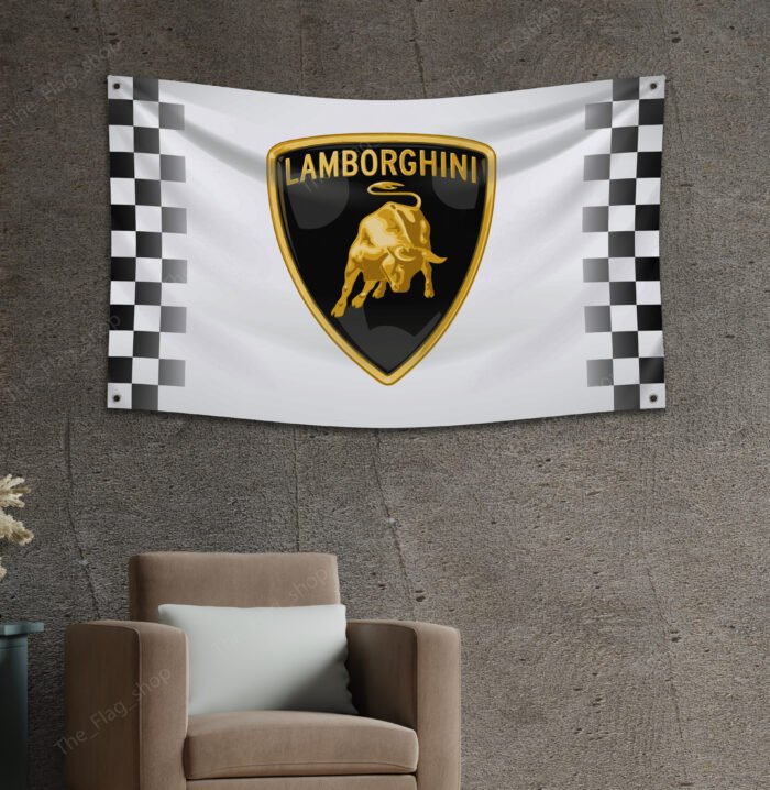 Lamborghini Flag 3x5 FT Checkered Lambo white Banner Racing Flags Car Show Garage Man Cave Wall Decor Sign Lamborghini Car Logo