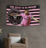 "Celebrate Lionel Messi, the GOAT, with this Inter Miami CF 3x5 ft flag featuring The Herons’ logo and a bold 'The GOAT is in Miami' design. Perfect for MLS fans, stadium displays, tailgating, or home décor, this banner is a must-have for passionate Messi and soccer supporters."