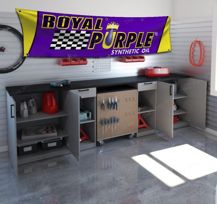 Royal Purple Oil Banner 2x8 ft – Motorsport Synthetic Oil Racing Black Flag, Man Cave Wall Decor Sign
