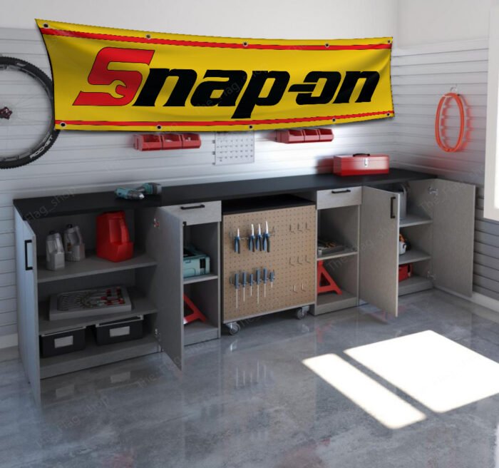 Yellow Snap-on Banner 2x8ft – Racing Car Flag, Tools, Garage Man Cave Wall Decor Sign