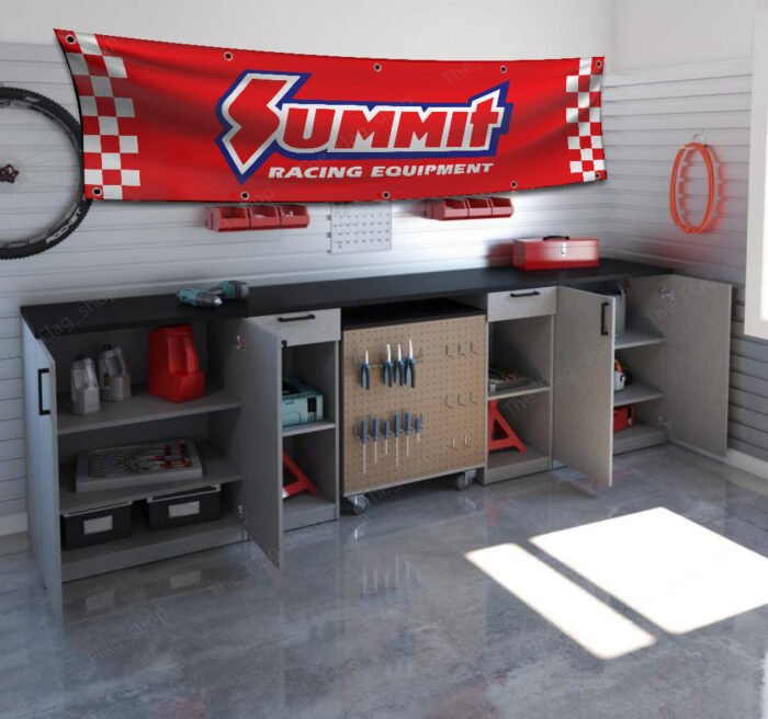 Red Summit Racing Checkered Banner 2x8ft – Garage Flag, Car, Man Cave Wall Decor Sign