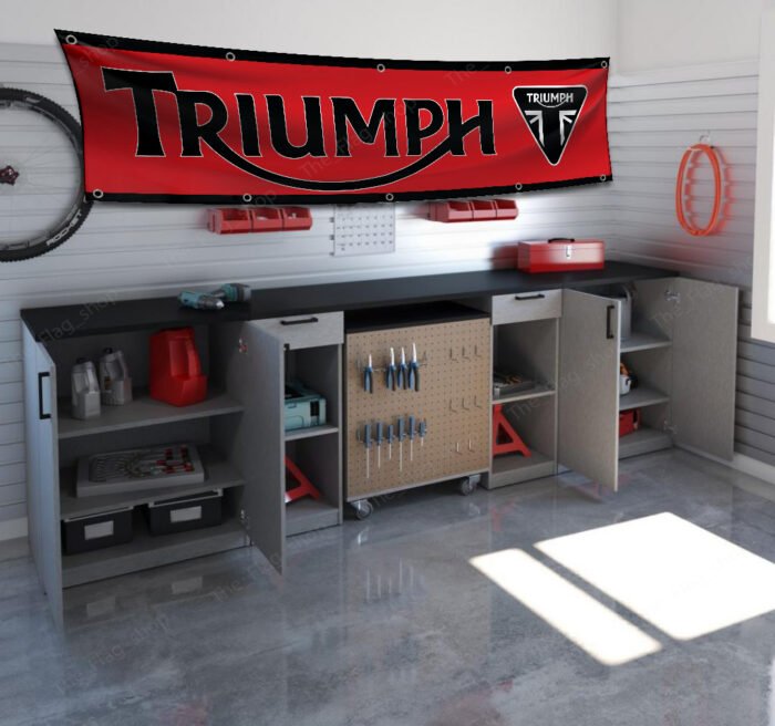 Triumph Motorcycles Banner 2x8ft – Moto Racing Red Flag, Man Cave Wall Decor Large Sign