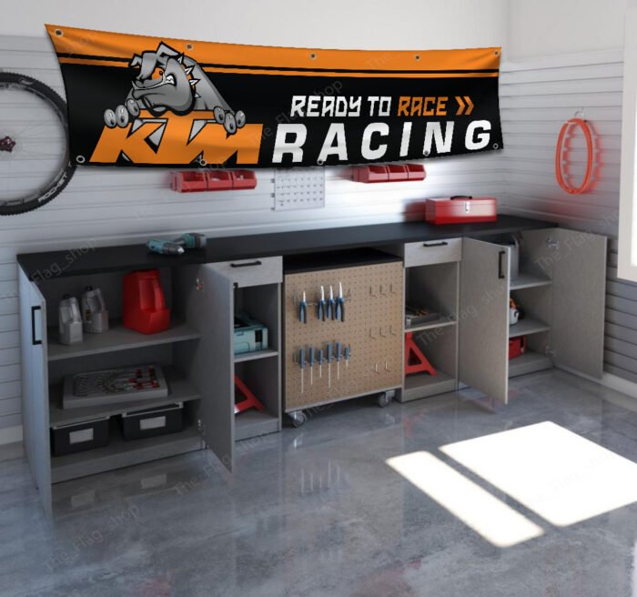 KTM Racing Banner Ready to Race Flag 2x8Ft Car Show Garage Motorcycle Man Cave Wall Decor Sign