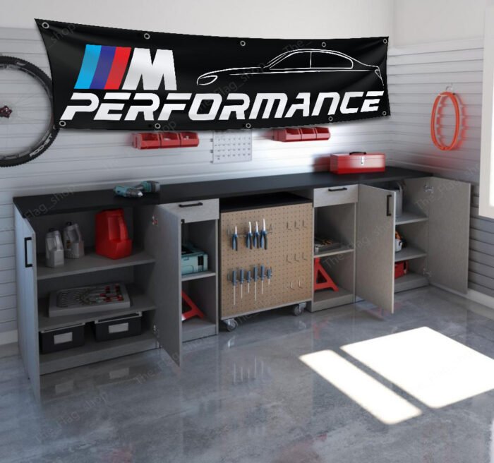 "Showcase your passion for BMW M Performance with this 2x8 ft banner. Ideal for car shows, man caves, garages, and wall décor, this durable flag features bold BMW M branding. Perfect for both indoor and outdoor use, it’s a must-have sign for motorsports enthusiasts and BMW fans looking to highlight their love for high-performance driving and automotive excellence."