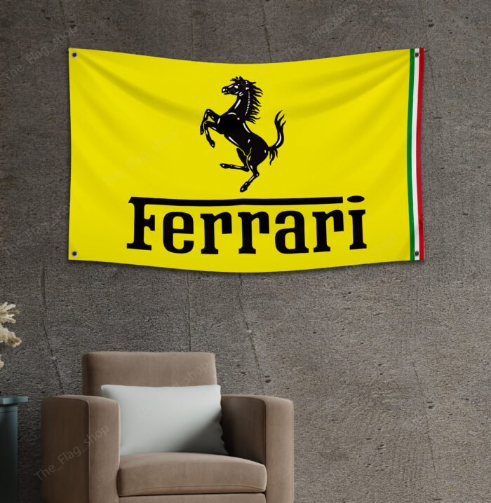 "Showcase your passion for luxury and speed with this 3x5 ft Ferrari flag, perfect for car enthusiasts and fans of Italian engineering. Featuring the iconic Ferrari logo and Italy-inspired design, this banner is an ideal addition to garages, man caves, workshops, or car show displays. Crafted from durable, high-quality materials, it ensures vibrant colors and long-lasting performance, making it suitable for both indoor and outdoor use. Celebrate the legacy of Ferrari’s excellence in car racing and sports cars with this bold and stylish décor piece. Whether you’re a collector or a racing enthusiast, this Ferrari flag is a must-have wall sign that embodies Italian craftsmanship and automotive performance."