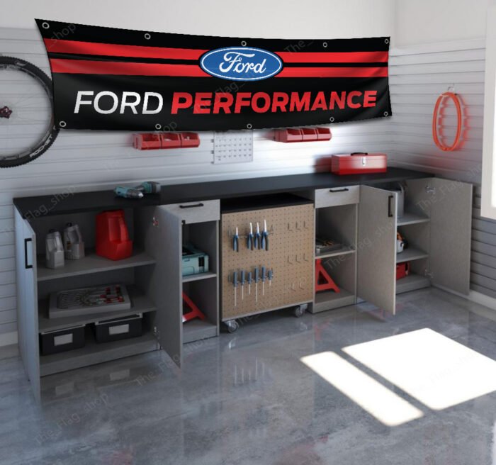 "Show your love for Ford Performance with this 2x8 ft banner flag, perfect for fans of iconic vehicles like the Mustang, Cobra, GT, F-150, and Shelby. Featuring bold Ford Racing and SVT graphics, this banner is ideal for garages, car shows, man caves, workshops, or as an advertising display. Crafted from durable materials, it ensures vibrant colors and long-lasting appeal for both indoor and outdoor use. Whether you’re showcasing your passion for Ford’s legendary cars and trucks or celebrating the power and precision of models like the Shelby Cobra, this banner is the ultimate décor piece for enthusiasts and collectors alike."