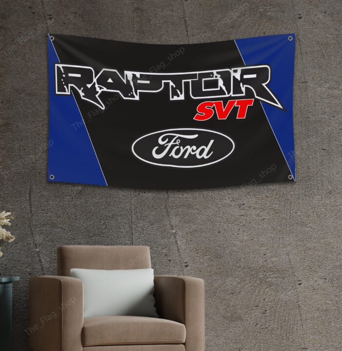 "Showcase your passion for the iconic Ford Raptor with this 3x5 ft banner flag, perfect for car and truck enthusiasts. Featuring the bold Ford Raptor logo and emblem, this high-quality banner is ideal for enhancing your garage, man cave, workshop, car shows, or as a standout advertising display. Made from durable materials, it offers vibrant colors and long-lasting appeal, suitable for both indoor and outdoor use. Celebrate the rugged power and performance of the Ford Raptor and Ford’s legacy in American racing and trucks with this stylish and versatile décor piece, perfect for any fan."