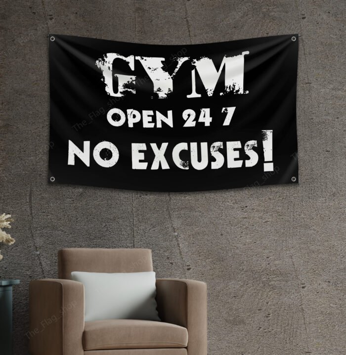 Gym open 24/7 Banner Flag 3x5ft Man Cave Motivational Slogan Office wall decor