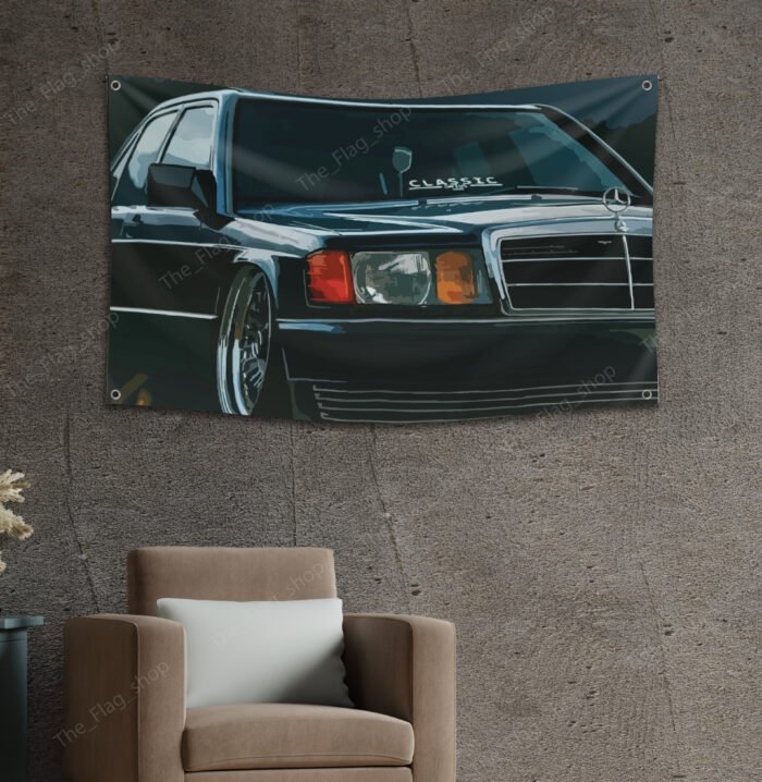 "Celebrate automotive history with this Mercedes-Benz 190E Photo Flag, measuring 3x5 ft. Featuring a stunning image of the iconic Mercedes-Benz 190E, this flag is a must-have for vintage car enthusiasts and collectors. Perfect for decorating your man cave, garage, or workshop, it brings a classic touch of Mercedes-Benz excellence to any space. Made from high-quality, weather-resistant materials, this banner ensures vibrant colors and durability for both indoor and outdoor use. Whether you're a fan of classic cars or motorsports, this Mercedes-Benz 190E photo flag makes a bold statement in your space, showcasing the legacy of one of the world’s finest automobile brands."