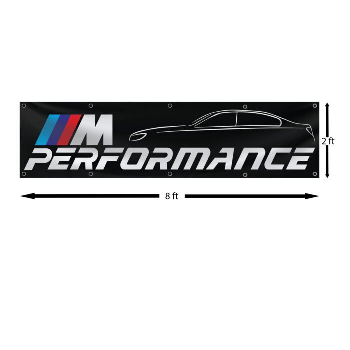 "Showcase your passion for BMW M Performance with this 2x8 ft banner. Ideal for car shows, man caves, garages, and wall décor, this durable flag features bold BMW M branding. Perfect for both indoor and outdoor use, it’s a must-have sign for motorsports enthusiasts and BMW fans looking to highlight their love for high-performance driving and automotive excellence."